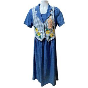 Vintage Donna USA Dress M Blue Denim Maxi Attached Vest Floral Appliqué Birdhous
